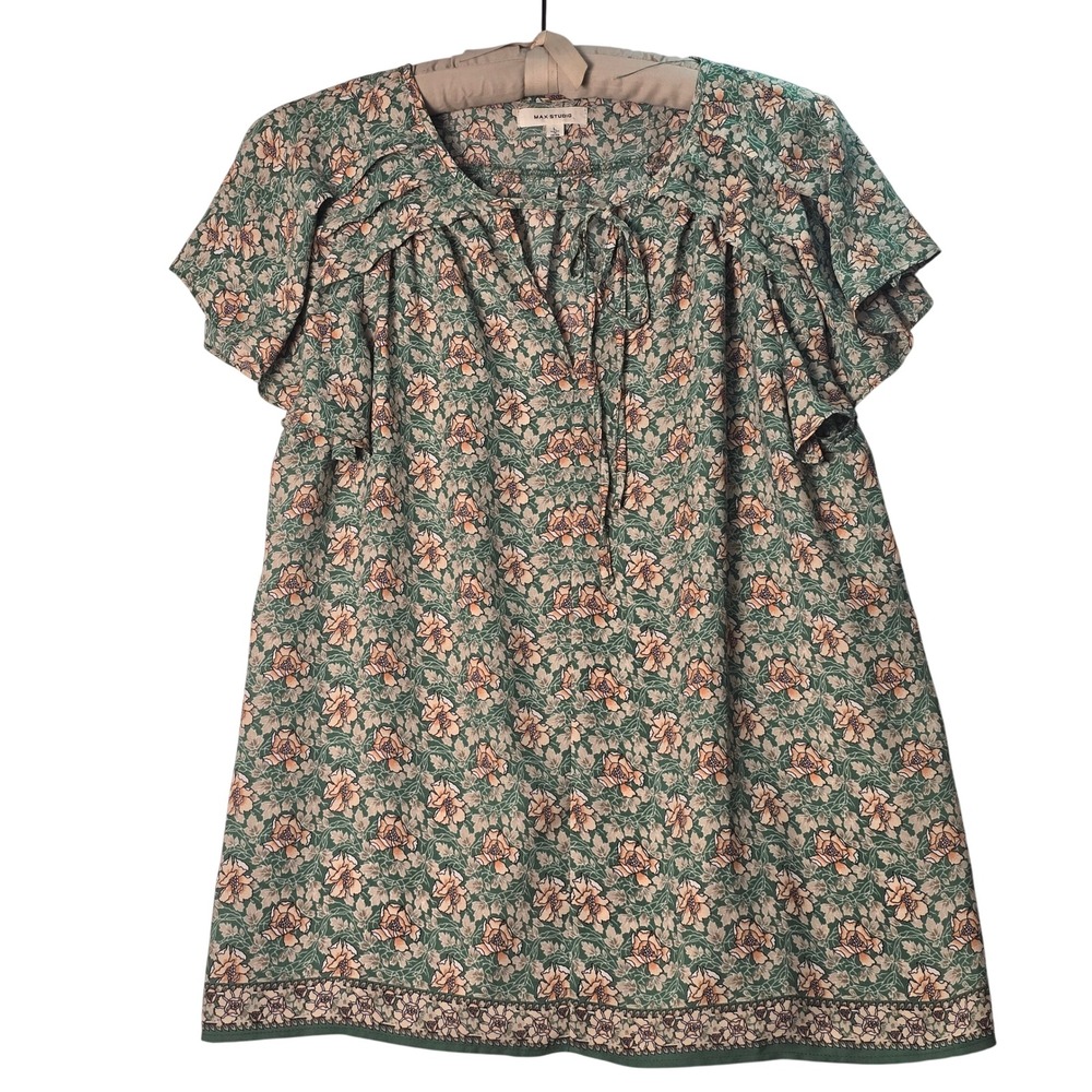 Feminine NEW Max Studio Green Floral Flutter Sleeve Tie Neck Blouse Top Large